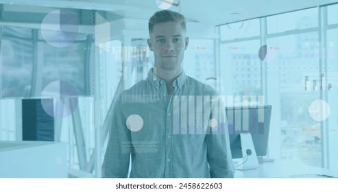 Image of financial data processing over caucasian businessman in office. Global finances, business and digital interface concept digitally generated image.