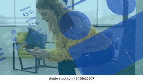 Image of financial data processing over caucasian businesswoman in office. Global computing, digital interface and data processing concept digitally generated image.