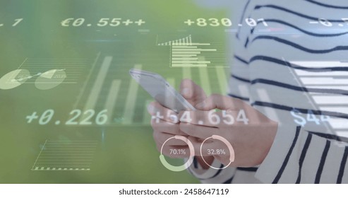 Image of financial data processing over caucasian woman using smartphone. Global business, networks, connections, computing and data processing concept digitally generated image.