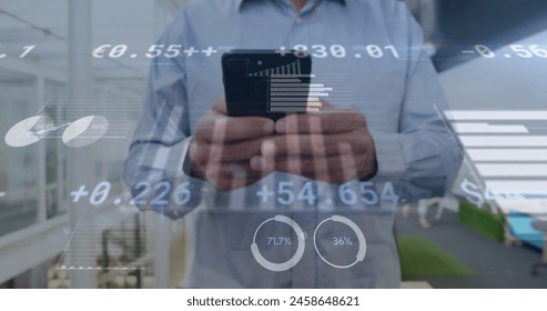 Image of financial data processing over caucasian businessman using smartphone. Global business, networks, connections, computing and data processing concept digitally generated image.
