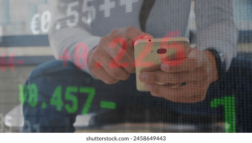 Image of financial data processing over caucasian businessman using smartphone. Global business, networks, connections, computing and data processing concept digitally generated image.
