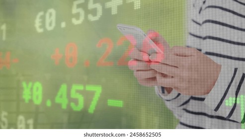 Image of financial data processing over caucasian woman using smartphone. Global business, networks, connections, computing and data processing concept digitally generated image.