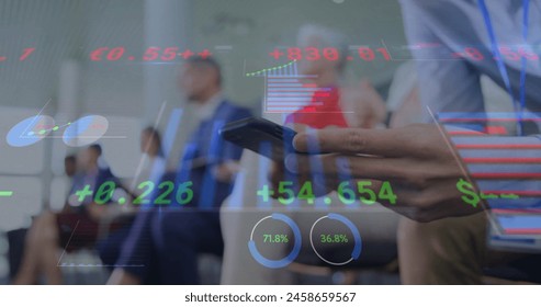 Image of financial data processing over caucasian businessman using smartphone. Global business, networks, connections, computing and data processing concept digitally generated image.