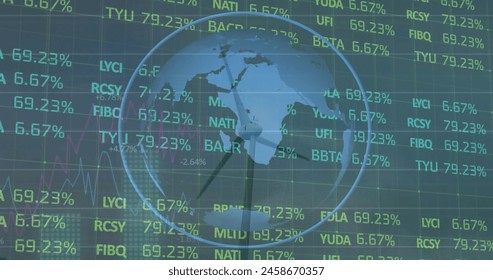 Image of financial data processing over globe and wind turbine. Global environment, finance, business, connections, computing and data processing concept digitally generated image. - Powered by Shutterstock - Get 15% off with code: PIKWIZARD15