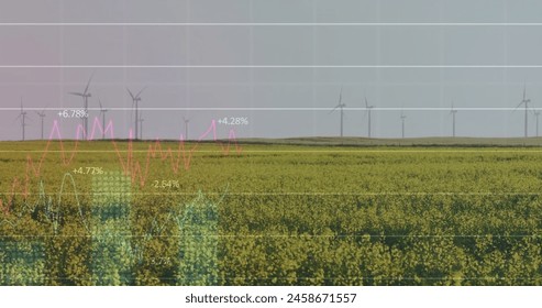 Image of financial data processing over wind turbines. Global environment, finance, business, connections, computing and data processing concept digitally generated image.