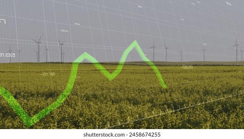 Image of financial data processing over wind turbines. Global environment, finance, business, connections, computing and data processing concept digitally generated image.