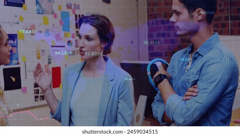 Image of financial data processing over diverse male and female colleagues discussing at office. Global finance and business data technology concept