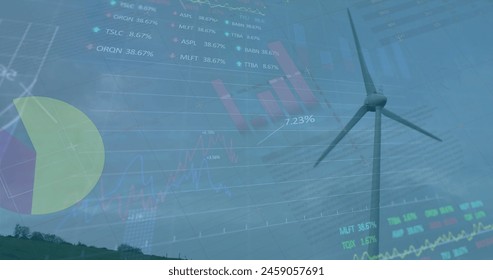 Image of financial data processing over wind turbine. Global farming business digital interface technology and networking concept digitally generated image. - Powered by Shutterstock - Get 15% off with code: PIKWIZARD15