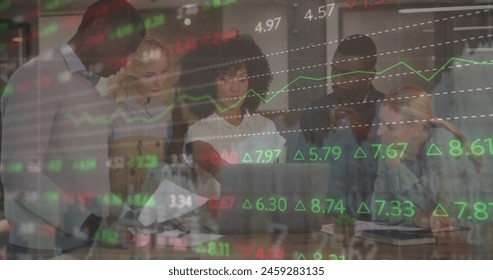 Image of financial data processing over diverse business people in office. Global networks, computing, business, finance and data processing concept digitally generated image.
