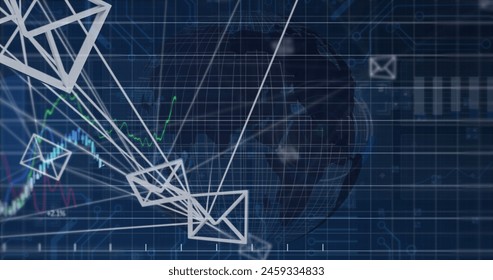 Image of financial data processing over spinning globe and data processing on blue background. Global networking and business data technology concept