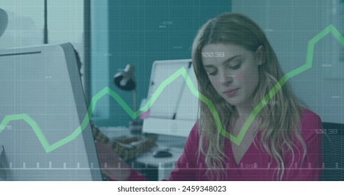 Image of financial data processing over businesswoman using computer. Global business, finance, computing and data processing concept digitally generated image.