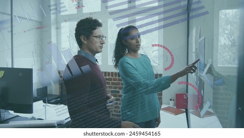Image of financial data processing over diverse business people in office. Global business, finances, computing and data processing concept digitally generated image.