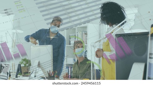 Image of financial data processing over diverse business people in face masks in office. Global covid 19 pandemic, business, computing and data processing concept digitally generated image. - Powered by Shutterstock - Get 15% off with code: PIKWIZARD15