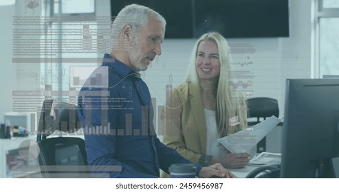 Image of financial data processing over cacuasian business people in office. Global business, finances, computing and data processing concept digitally generated image.