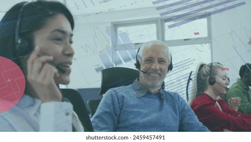 Image of financial data processing over diverse business people in office. Global business, finances, computing and data processing concept digitally generated image.