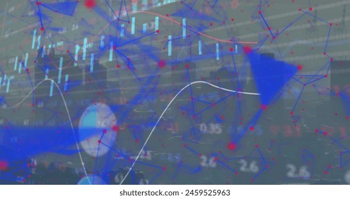Image of financial data processing over cityscape. Global finance economy technology and digital interface concept digitally generated image.