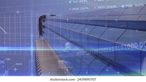 Image of financial data processing over cityscape. Global business, finances, computing and data processing concept digitally generated image.