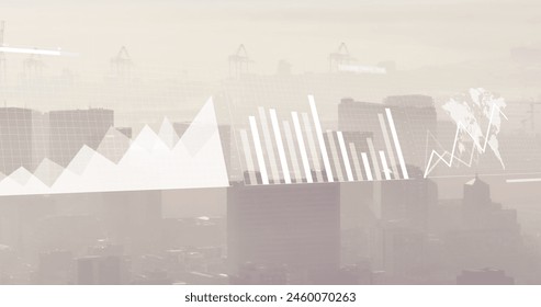 Image of financial data processing over cityscape. Global business, finances, computing and data processing concept digitally generated image.