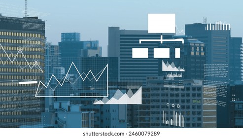 Image of financial data processing over cityscape. Global business, finances, computing and data processing concept digitally generated image.