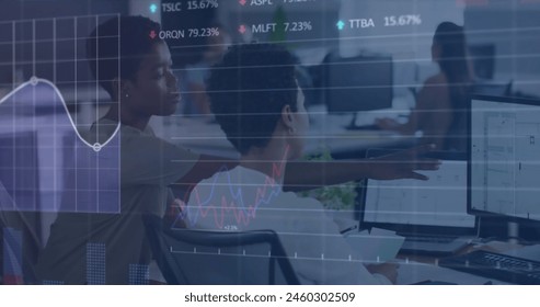 Image of financial data processing over diverse business people. Global finances, business and digital interface concept digitally generated image.