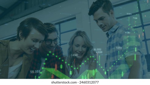 Image of financial data processing over diverse colleagues discussing together at office. Global finance and business technology concept