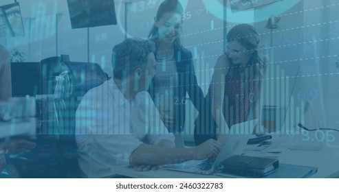 Image of financial data processing over diverse male and female colleagues discussing at office. Global economy and business technology concept - Powered by Shutterstock - Get 15% off with code: PIKWIZARD15