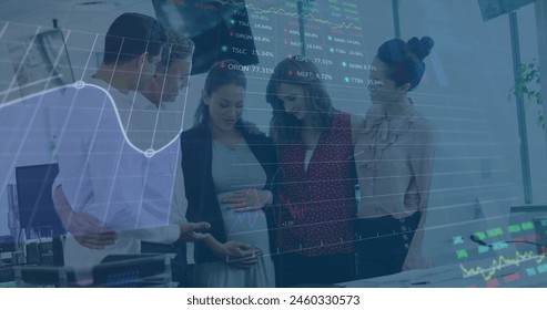 Image of financial data processing over diverse colleagues talking to pregnant woman at office. Global economy and business technology concept - Powered by Shutterstock