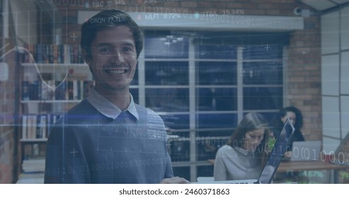 Image of financial data processing over diverse business people in office. Global business, finance, computing and data processing concept digitally generated image.