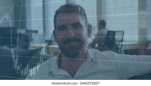 Image of financial data processing over caucasian businessman in office. Global business, finance, computing and data processing concept digitally generated image.