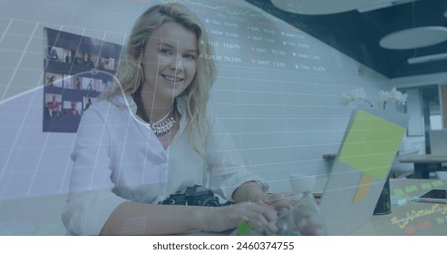 Image of financial data processing over caucasian businesswoman in office. Global business, finance, computing and data processing concept digitally generated image.