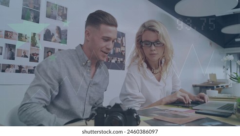 Image of financial data processing over caucasian business people in office. Global business, finance, computing and data processing concept digitally generated image.
