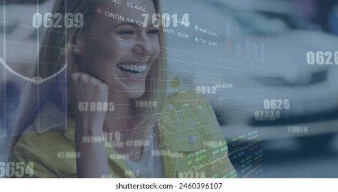 Image of financial data processing over businesswoman using smartphone. Global business, finance, computing and data processing concept digitally generated image.