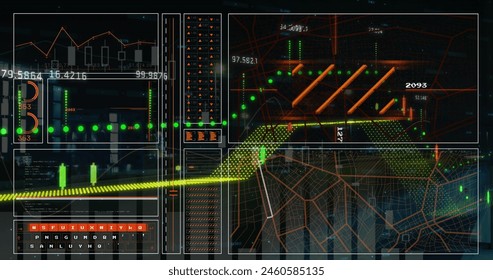 Image of financial data processing over screens. Global business, finances, computing and data processing concept digitally generated image.