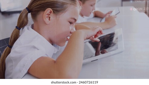 Image of financial data processing over diverse group of diverse pupils. education and learning concept digitally generated image.