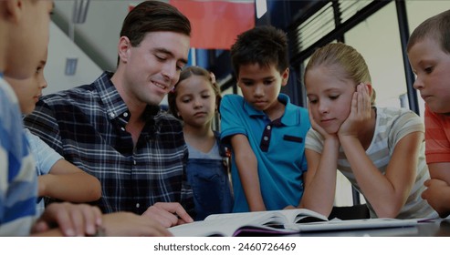 Image of financial data processing over diverse group of diverse pupils with male teacher. education and learning concept digitally generated image. - Powered by Shutterstock