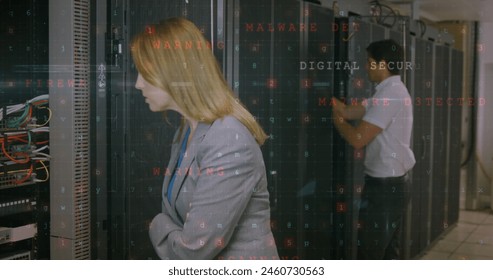 Image of financial data processing over business people in office. Global business digital interface technology and networking concept digitally generated image.