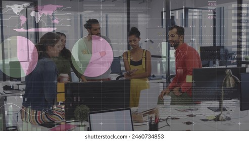 Image of financial data processing over diverse business people in office. Global business data processing and digital interface concept digitally generated image.