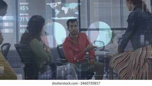 Image of financial data processing over diverse group of business people. Global business, finances, data processing and digital interface concept digitally generated image.