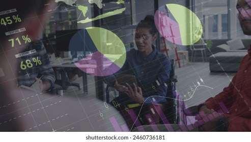 Image of financial data processing over diverse group of business people. Global business, finances, data processing and digital interface concept digitally generated image.