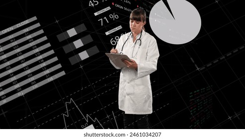 Image of financial data processing over female doctor. Global business success connections and digital interface concept digitally generated image. - Powered by Shutterstock - Get 15% off with code: PIKWIZARD15