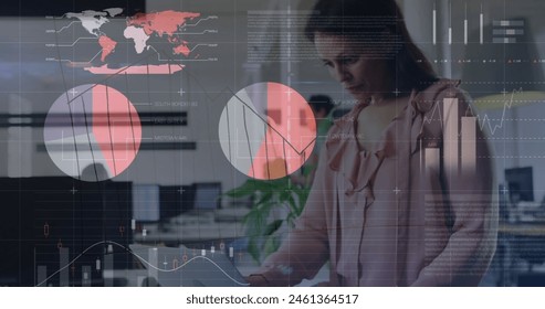 Image of financial data processing over caucasian businesswoman in office. Global business, connections, computing, digital interface and data processing concept digitally generated image.