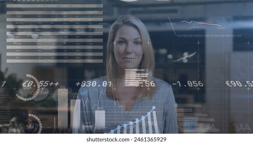 Image of financial data processing over caucasian businesswoman in office. Global business, connections, computing, digital interface and data processing concept digitally generated image.