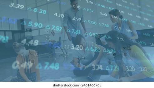 Image of financial data processing over diverse businesspeople in office. Global finance, business, connections, computing and data processing concept digitally generated image.