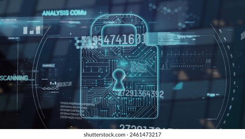 Image of financial data processing over online security padlock. Global finance, business, connections, computing and data processing concept digitally generated image.