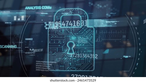 Image of financial data processing over online security padlock. Global finance, business, connections, computing and data processing concept digitally generated image.
