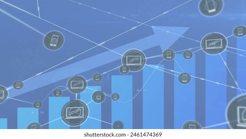 Image of financial data processing over network of connections with icons. Global finance, business, connections, computing and data processing concept digitally generated image.