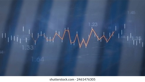 Image of financial data processing over striped background. Global finance, business, connections, computing and data processing concept digitally generated image.