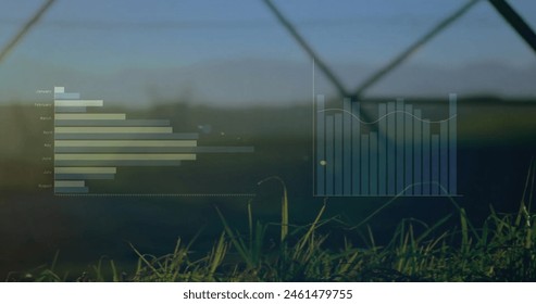 Image of financial data processing over electric pylons. Global environment, finance, business, connections, computing and data processing concept digitally generated image.