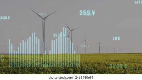 Image of financial data processing over wind turbines. Global environment, finance, business, connections, computing and data processing concept digitally generated image.
