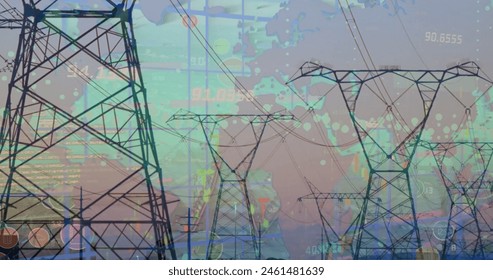 Image of financial data processing over electric pylons. Global environment, finance, business, connections, computing and data processing concept digitally generated image.